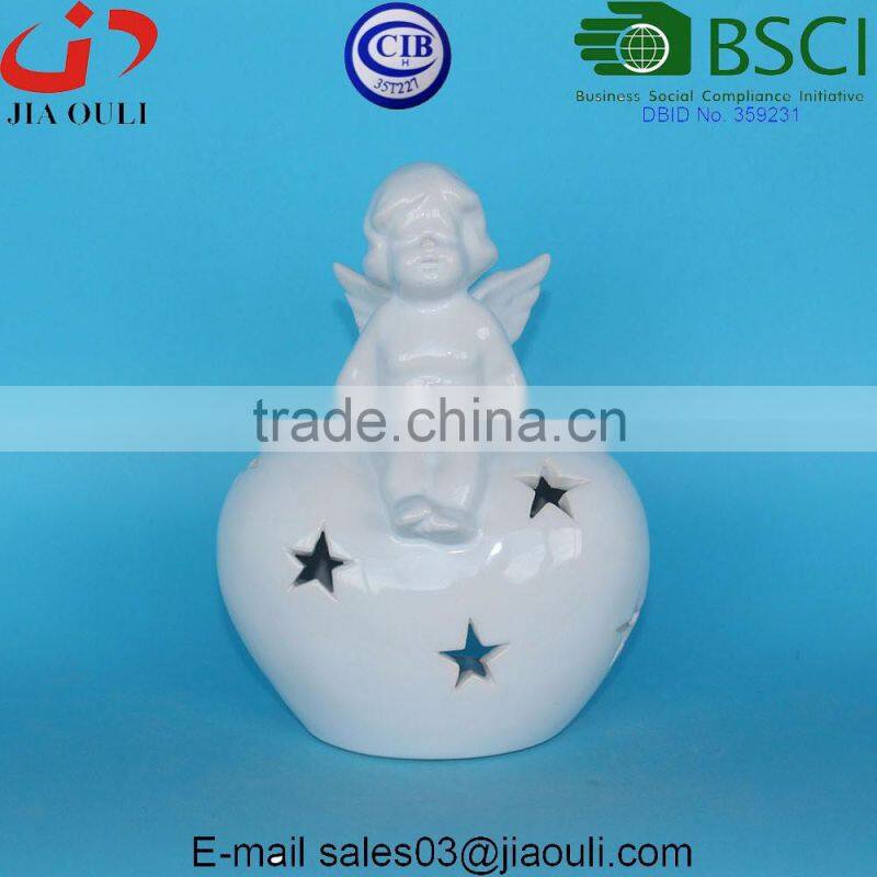 Glazed White Ceramic Angel lantern, decorative terracotta garden angel