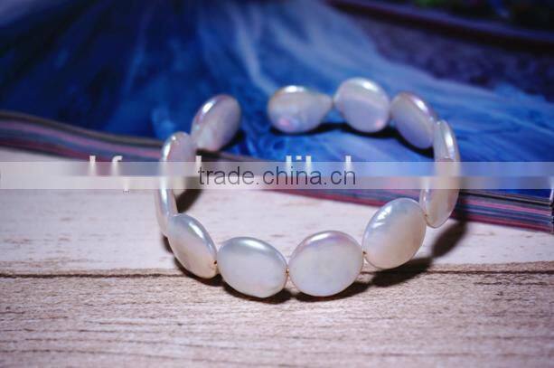 13-14mm white coin shape freshwater pearl bracelet