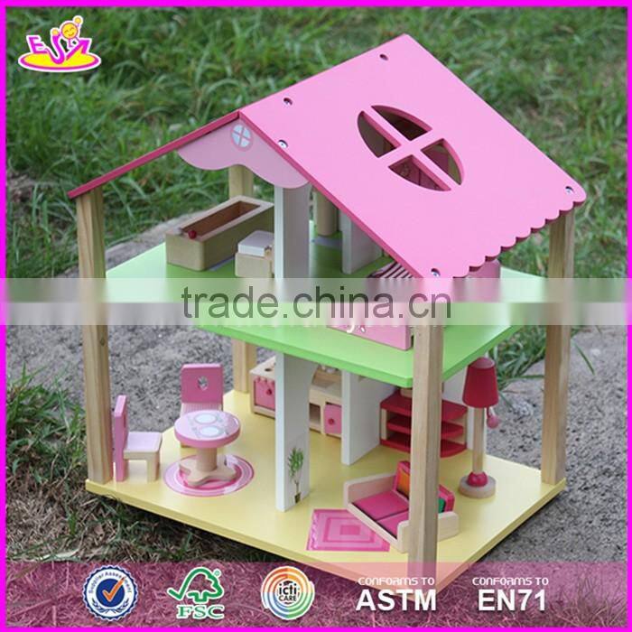 2017 New products lovely girls pink wooden dolls house for sale W06A165
