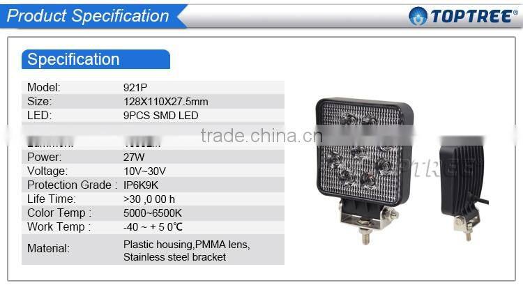 New waterproof 27w LED worklights 1800lum 10-30V led flood work light tractor work lamps