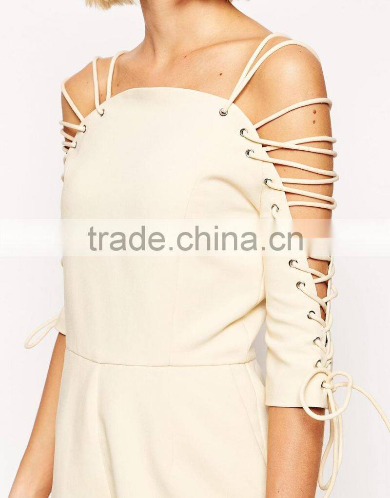 2015 fashionable hot sale OEM customized women Romper with Lace Up Sleeve
