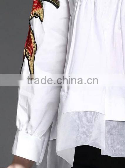 2017 summer newest fashion round neck long sleeve blouse with patch on sleeve