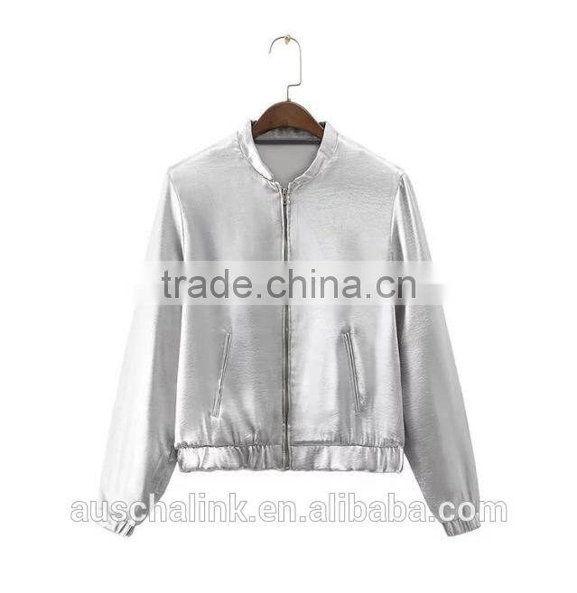 new style autumn cheap sliver satin plain front zipper baseball jackets