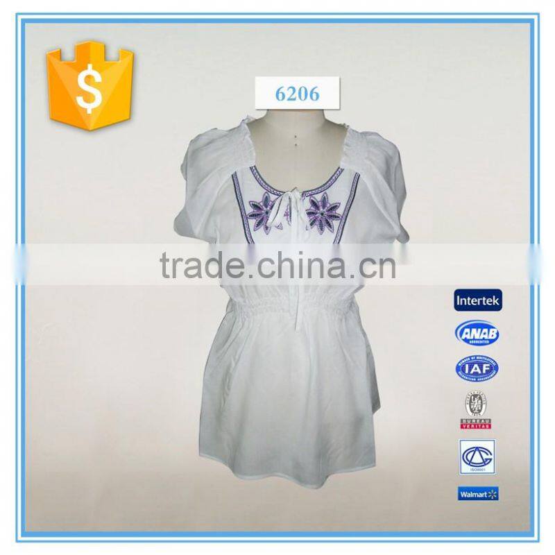 2016 Embroidery Neck Design White Casual Blouse