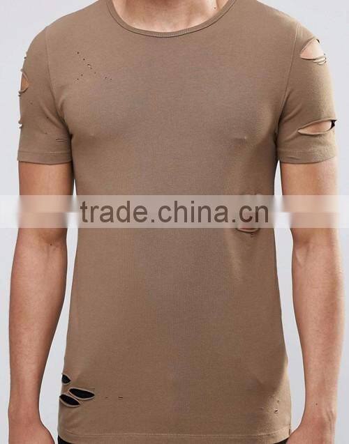Men longline brown distressing blank slim fitted muscle t-shirt custom china manufacturers