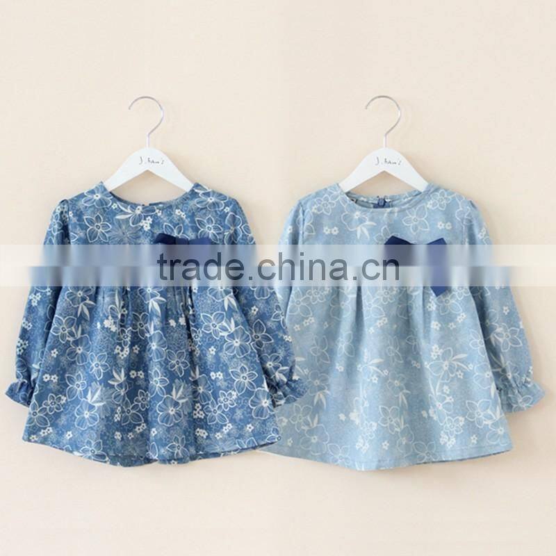 2016 New Style long sleeves Kids Clothes Dresses For Kids Fancy Designs Baby Girls Casual Printed Dress with bowknot