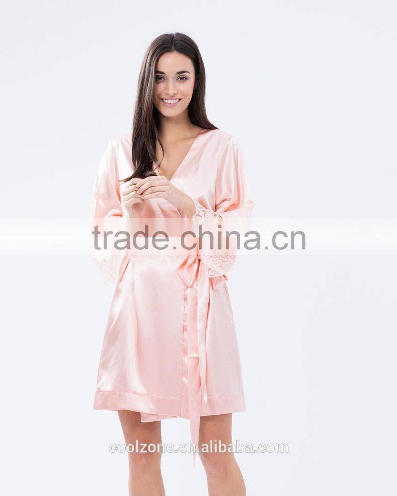 Elegant tie-up front lace trimmed sleeves kimono robe wholesale satin robe.