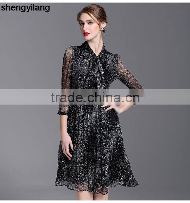 ladies floral printed literary traditional silk dress with knot neck