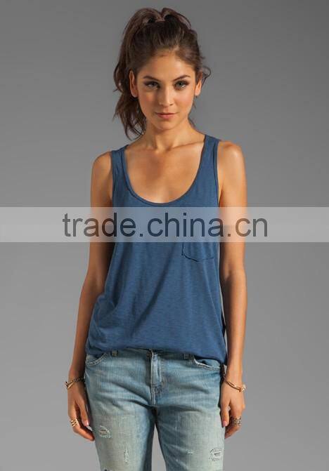 Front Breast Pocket Slub Jersey Boyfriend Casual Tank Tank for Girls