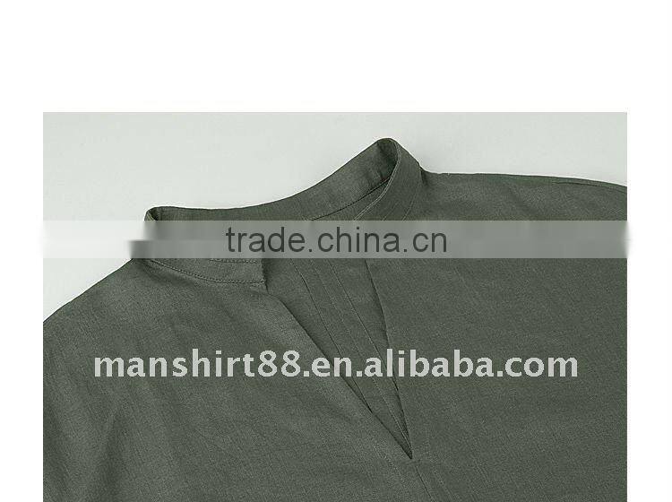 man's latest V-neck linen army green casual shirt