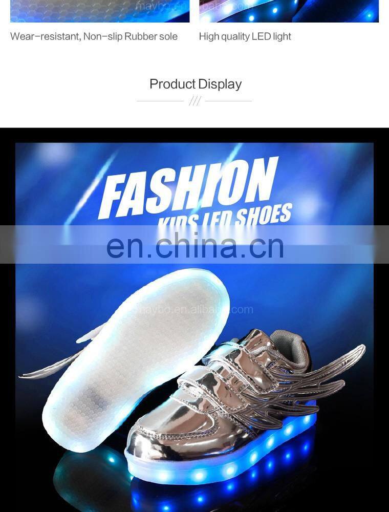 Wholesale hot sell Mirror-PU leather Led light up kids Wings shoes Children Led shoes sneakers with USB rechargeable