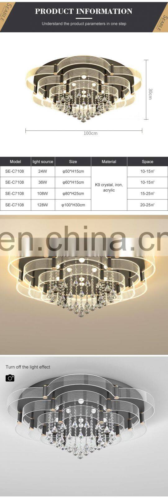 Luxury Decoration Indoor 24 36 108 128 W K9 Crystal Modern Bedroom Living Room LED Ceiling Lamp