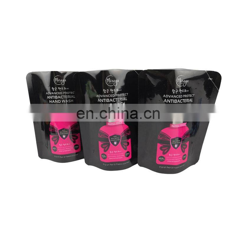 refillable glossy black stand up pouch plastic liquid hand soap packaging with own logo printed