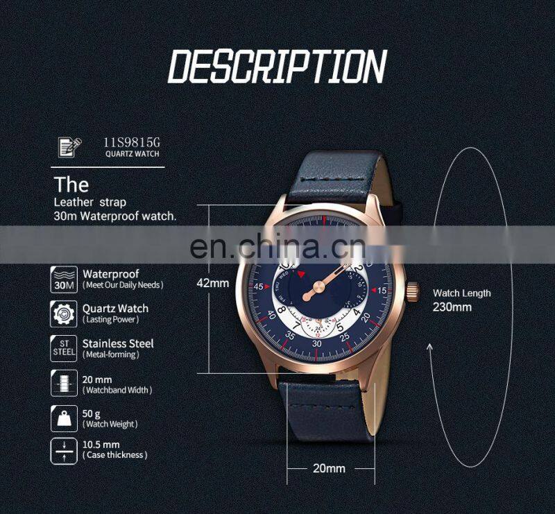 SINOBI Blue Leather Band Wrist Watches S9815G Chronograph Hand Watches Man Hollow Out Pointer Male Watch Montre Homme