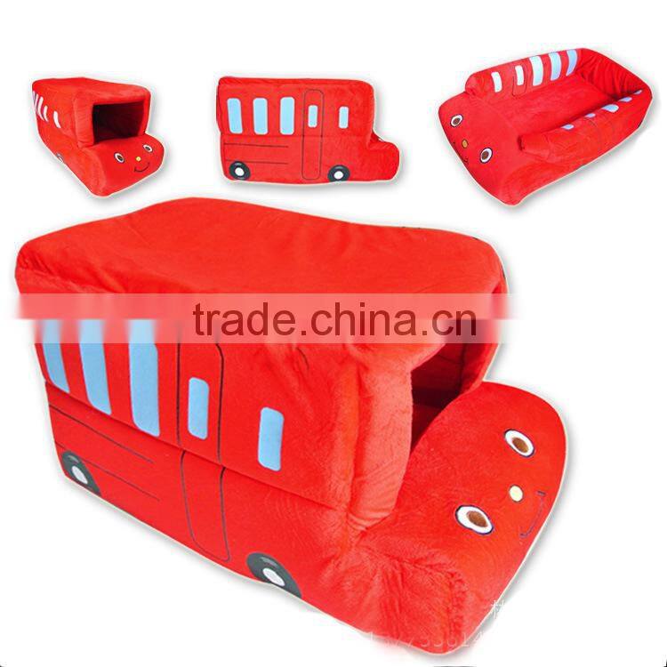 China manufacture plush yellow and red colorful bus car shape pet bed pet house for pet dog and cat