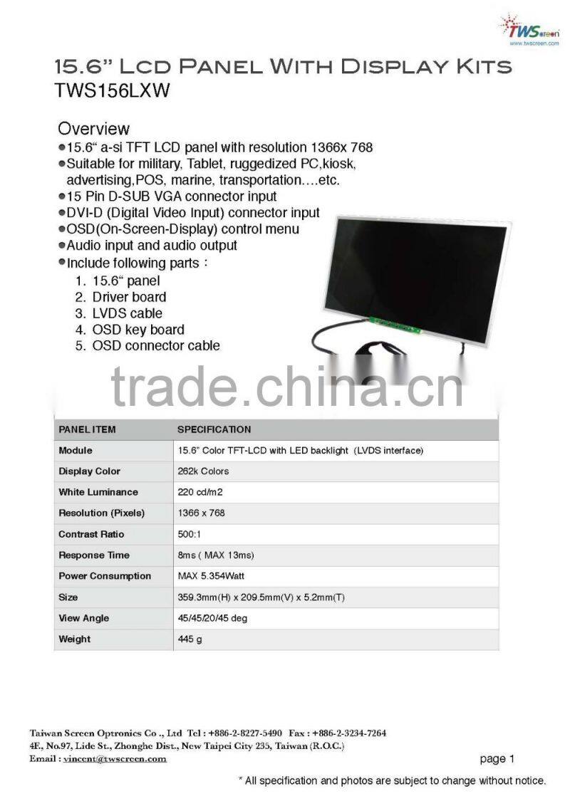 Control Driver Board kits with 15.6-inch Lcd Panel Display, TWS156LXW LVDS interface