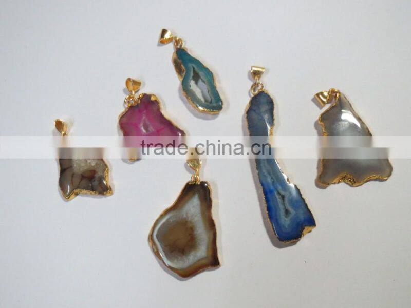 Natural ELECTROPLATED GOLD Agate Slice Pendant