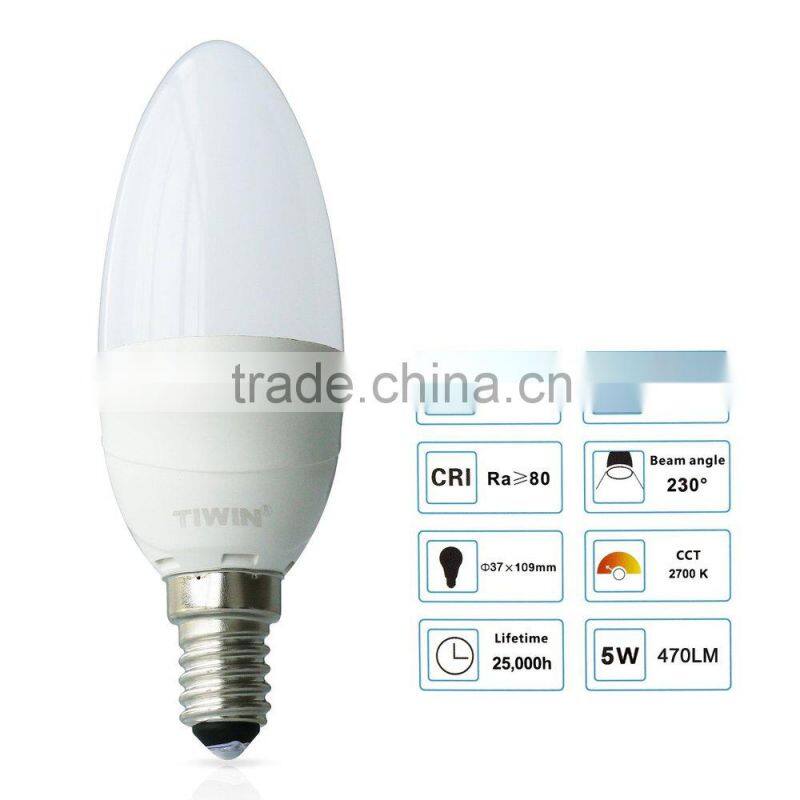 New Arrival TIWIN 2015 High quality CE ROHS Cool White 470lm Plastic 5W E14 led candle Lamp bulb light