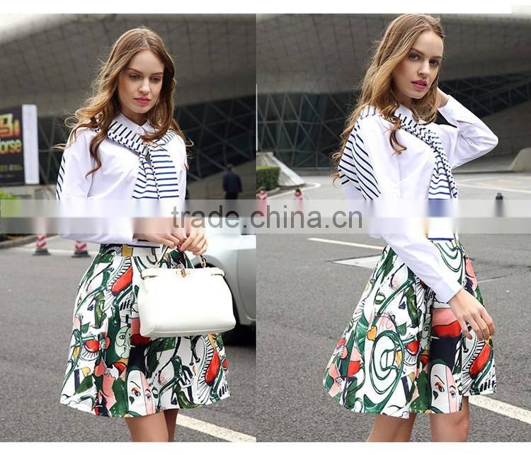 2016 Ladies New Design Fashion Top Blue White Striped Patchwork Knit Tie Neck Poplin Long Sleeve Latest Shirt Designs For Women