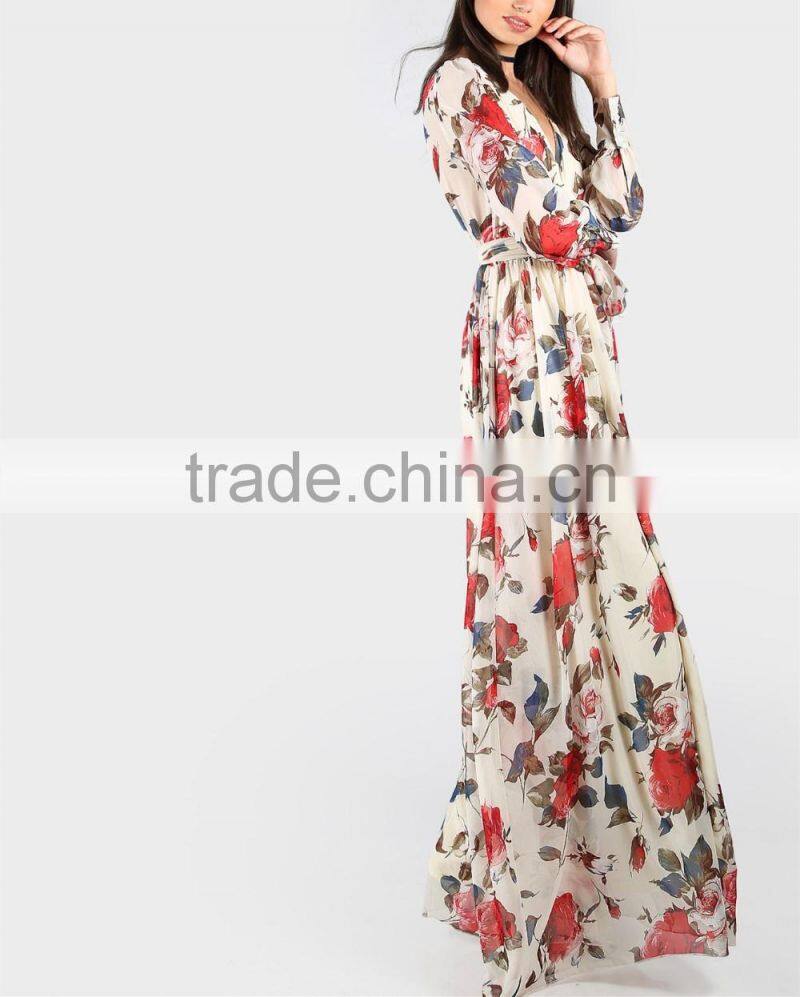 women clothing/women dresses/Rose Print Cuffed Long Sleeve Belted Wrap Dress