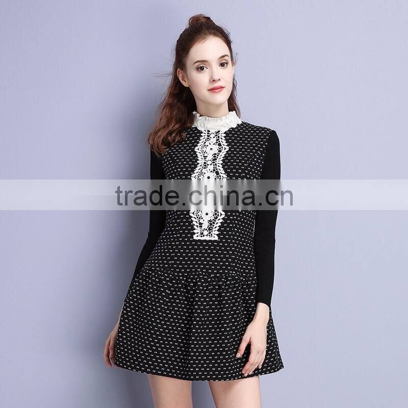 Free shipping--2016 Winter Women New embroidered sleeve lapel wool A-line dress Slim woolen dress