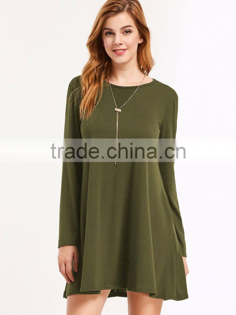 Army Green Colour Long Sleeve Tee Short Dress