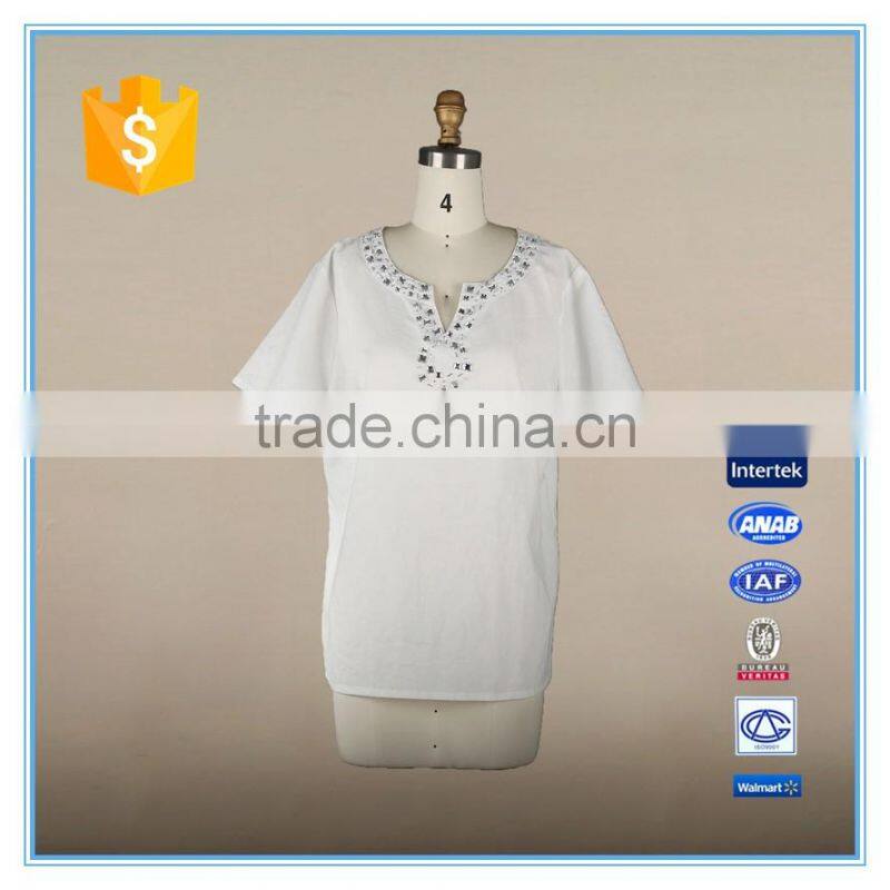 White Cotton Sarees Blouse Hand Designs Crystal Beaded Linen Blouse