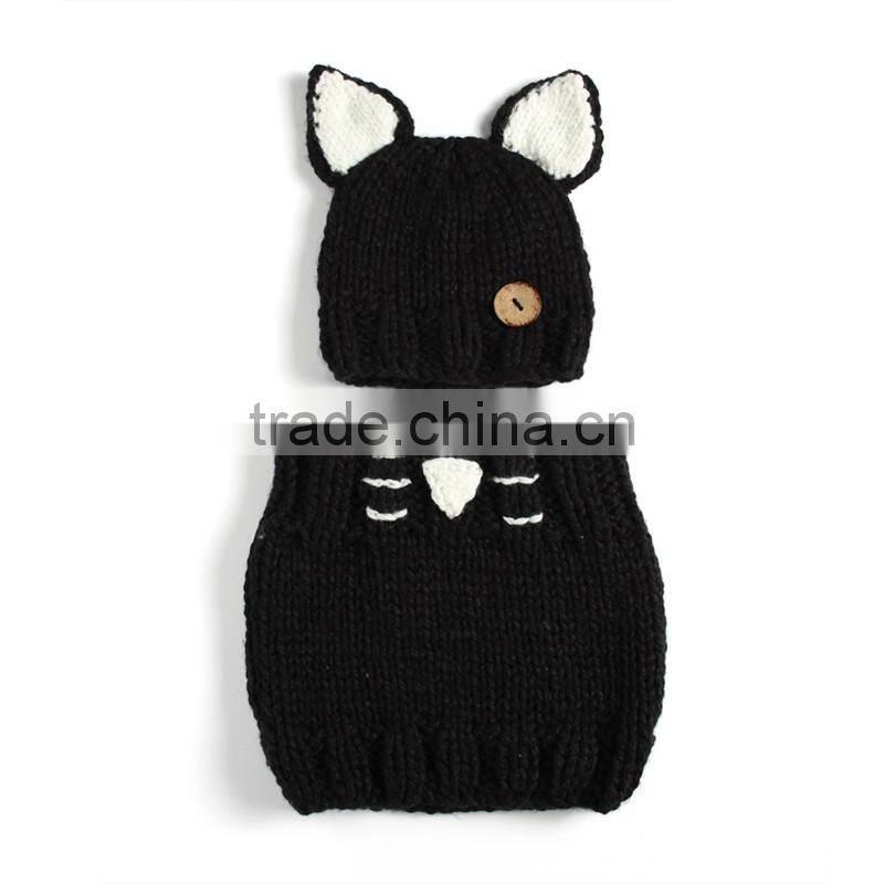Hotsale Newborn Baby Crochet Knit Costume baby photo props Black Cat and Scarf 2pcs sets
