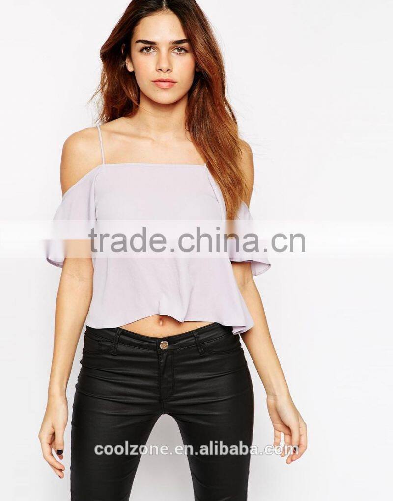 Fashion off the shoulder semi mesh crop top strap chiffon tank top