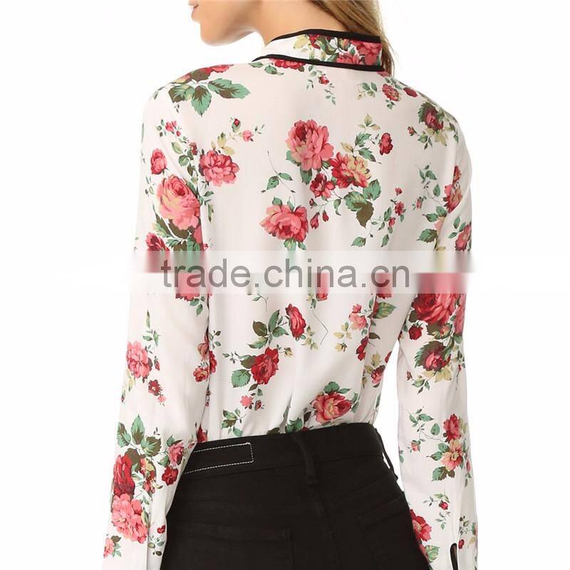 2017 Latest long sleeve spring fashion ladies floral tie neck blouse