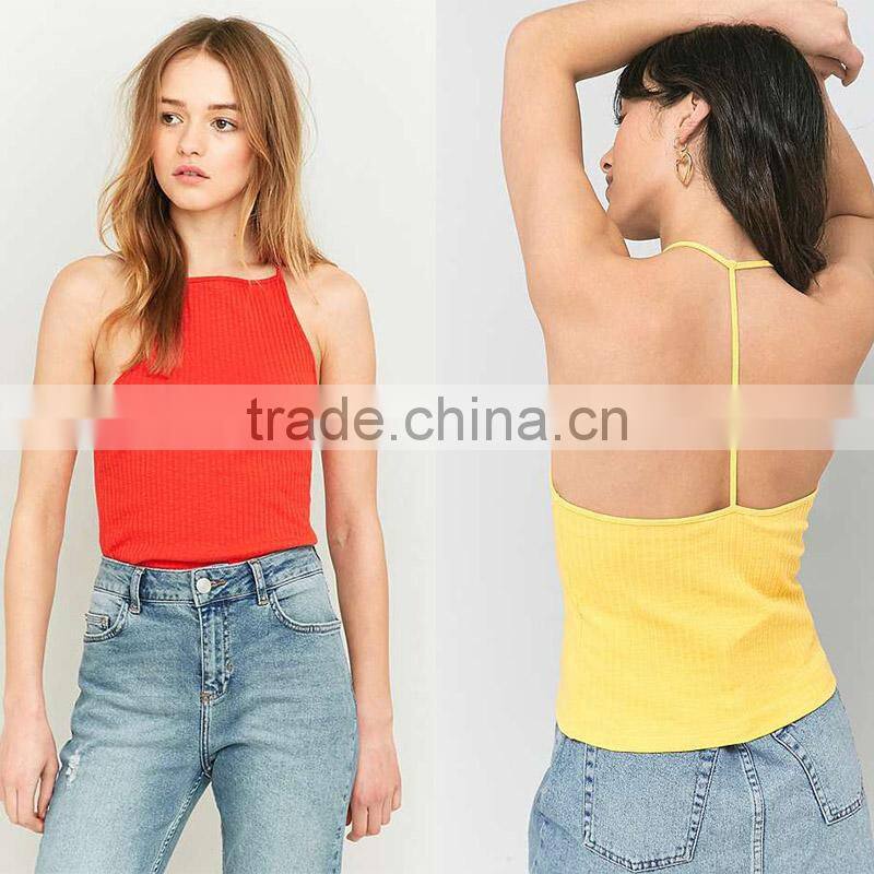 2017 women's best black ribbed sleeveless halter T-back high neck cami tops