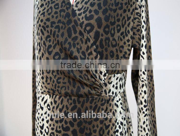 sexy deep v neck leopard printed irregular hem long sleeve dress short ladies night robe