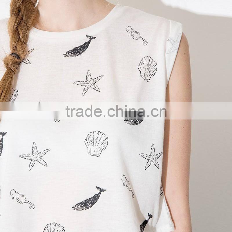 high quality sexy front shell printed sleeveless crop tops/t shirt