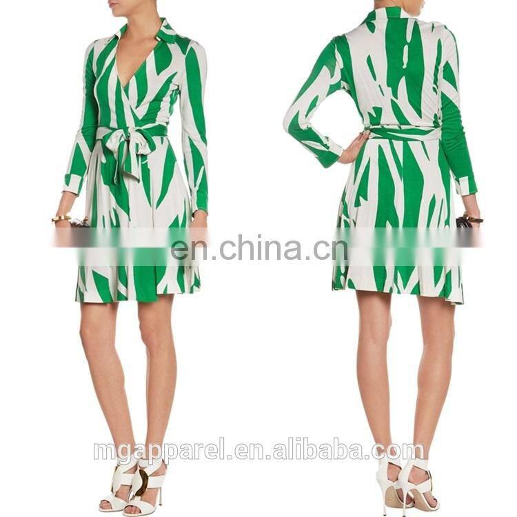 fashion women 100% silk long sleeve printed silk jersey green wrap dress with waist ties