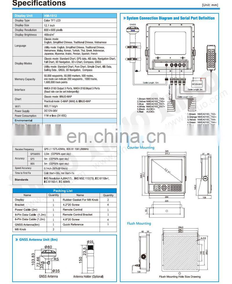 Marine electronics navigation communication Xinuo HM-1512N 12.1'' display fishing boat GNSS GPS navigator nautical chart plotter