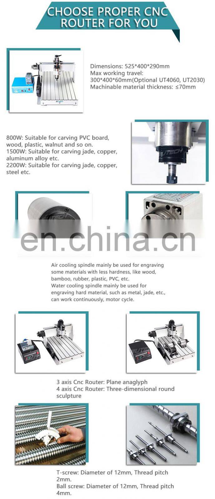 UTECH 800W Spindle motor 3040 cnc engraving machine for plastic