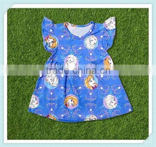Latest style frozen elsa print girls summer dresses flutter sleeve dress for baby girl childrens boutique clothing dress