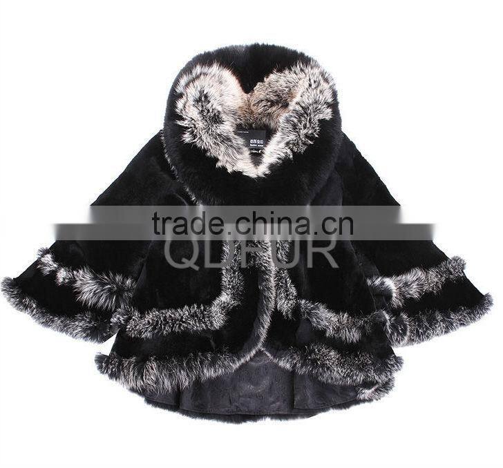 QD28040 Hot Selling Girl Women Lovely Fashion Rex Rabbit Fur Shawl with Silver Fox Fur Trim
