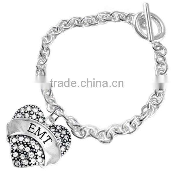 Clear Crystal Covered "FIREMAN'S WIFE" Heart Charm Chain Link Bracelet