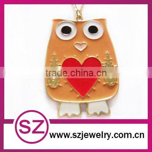 Antique night owl necklace enameled brass pendant necklace