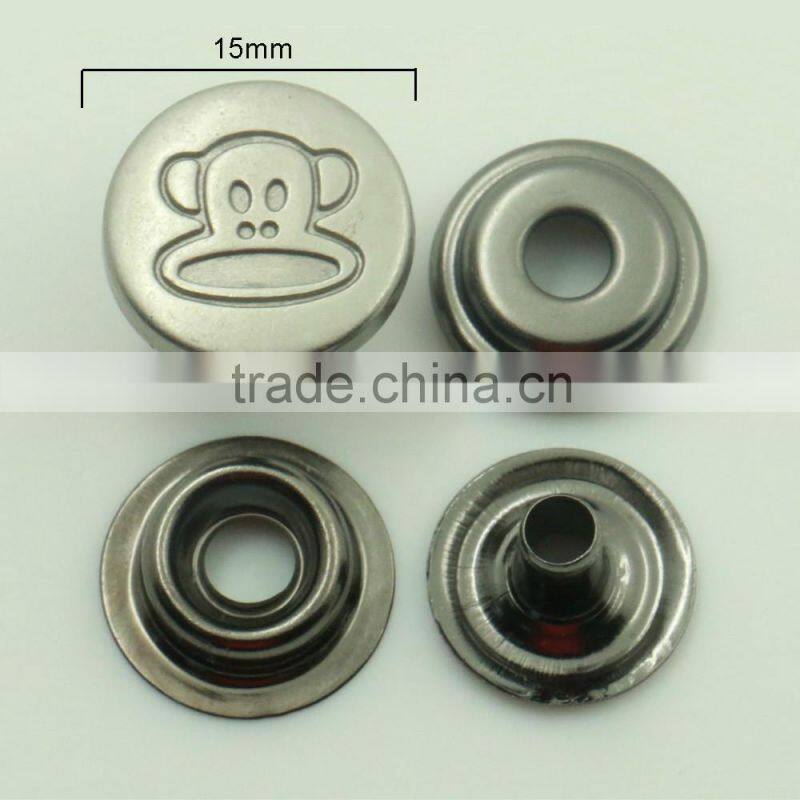 Custom zinc alloy 15mm round shape monkey logo plating technics metal snap button