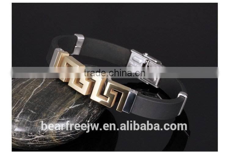 Factory Cool Mens Stainless Steel Hollow Out Greek Key Bracelet Silicone Wristband Great Wall Patterned