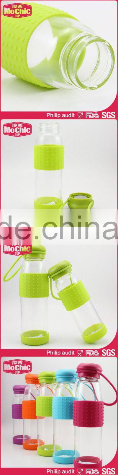 360ML/500ML Mochic Outdoor portable Stylish & Smart Clear glass water bottle with silicone sleeve