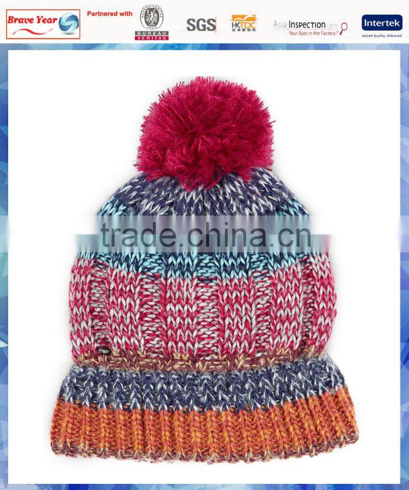 100% acrylic bright space dye stripe pom beanie/knit pom beanie/striped knit beanie with pom pom