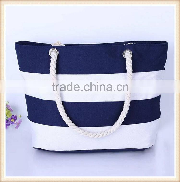 Fashion stripe canvas shopping bag/beach bag with manila rope