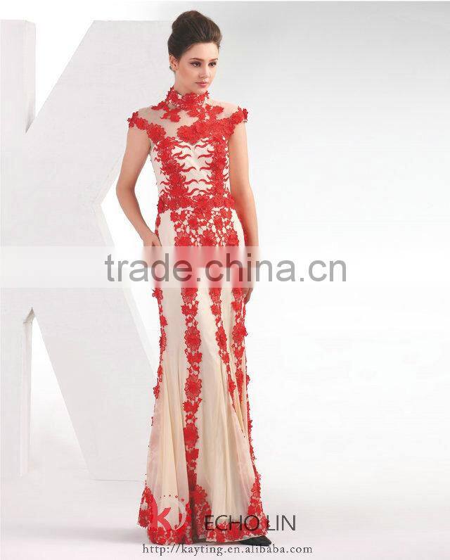 Elegant embroidery high neck cap sleeve tulle long red evening dress