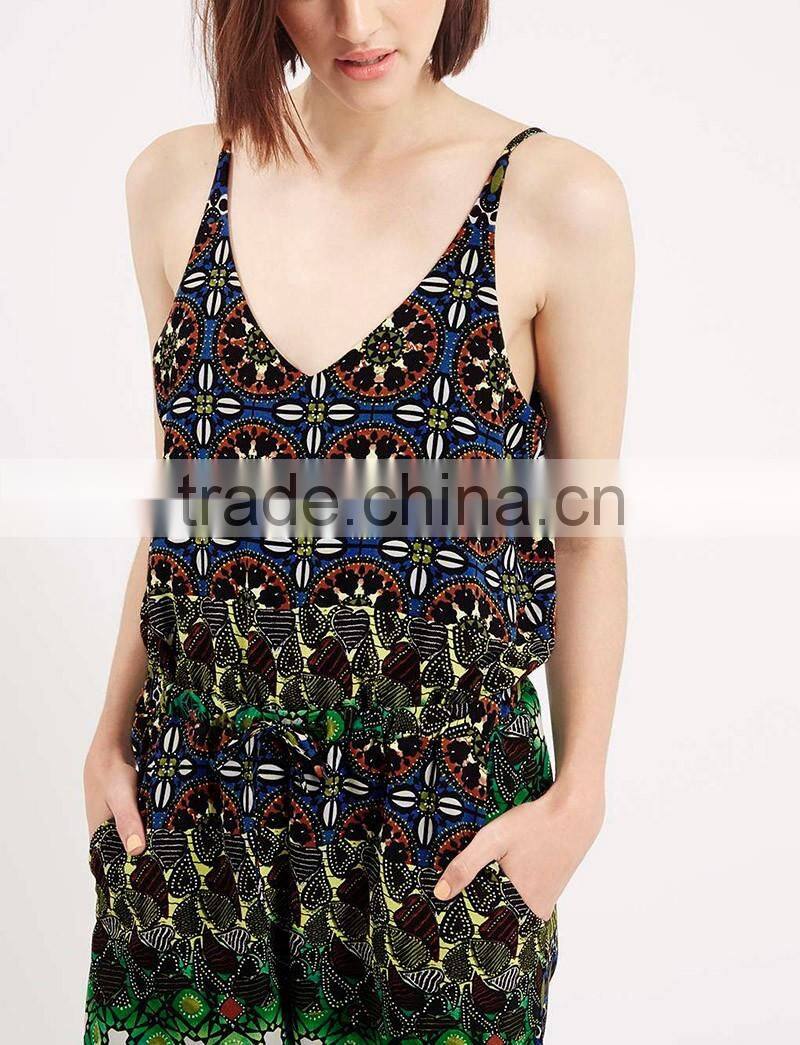 High quality printed spaghetti strap V-neckline long jumpsuit