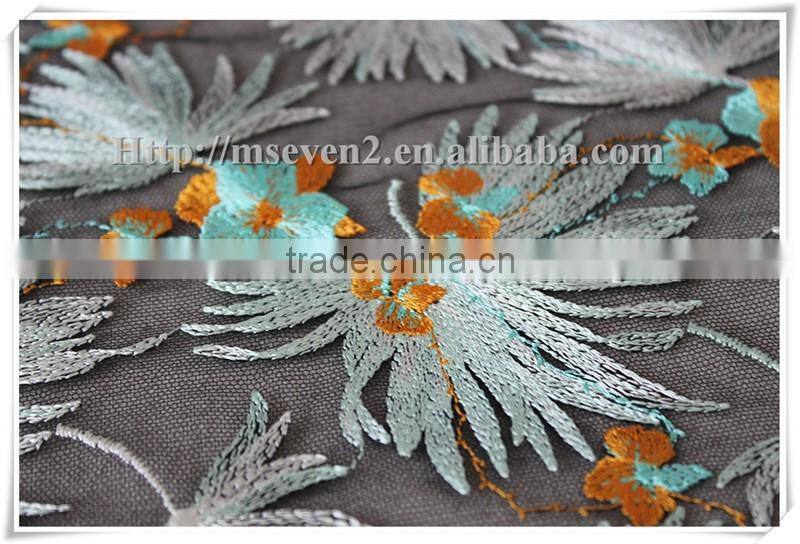 Top fashionable colorful leaves embroidered lace fabric dresses fabrics