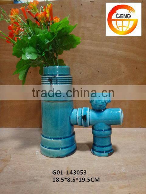 Aqua blue small size ceramic flower vase for table decor