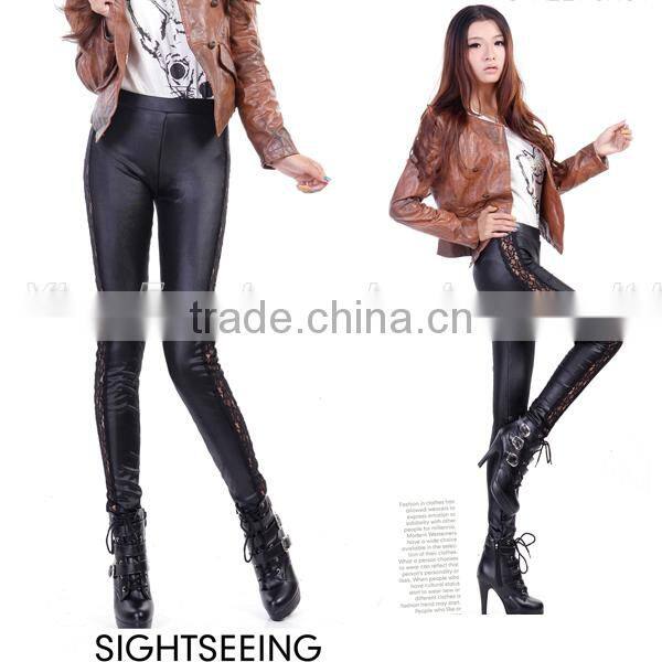 Winter imitation leather lace stitching thickening add wool leggings
